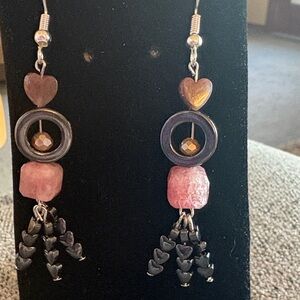 Hand Crafted Pink Quartz and Hematite Heart Tassel Earrings